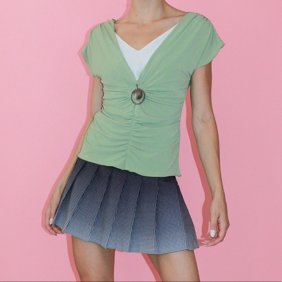 VTG y2k Sage Green Boho Scrunched V-Neck Medallion Top Medium - Picture 1 of 9
